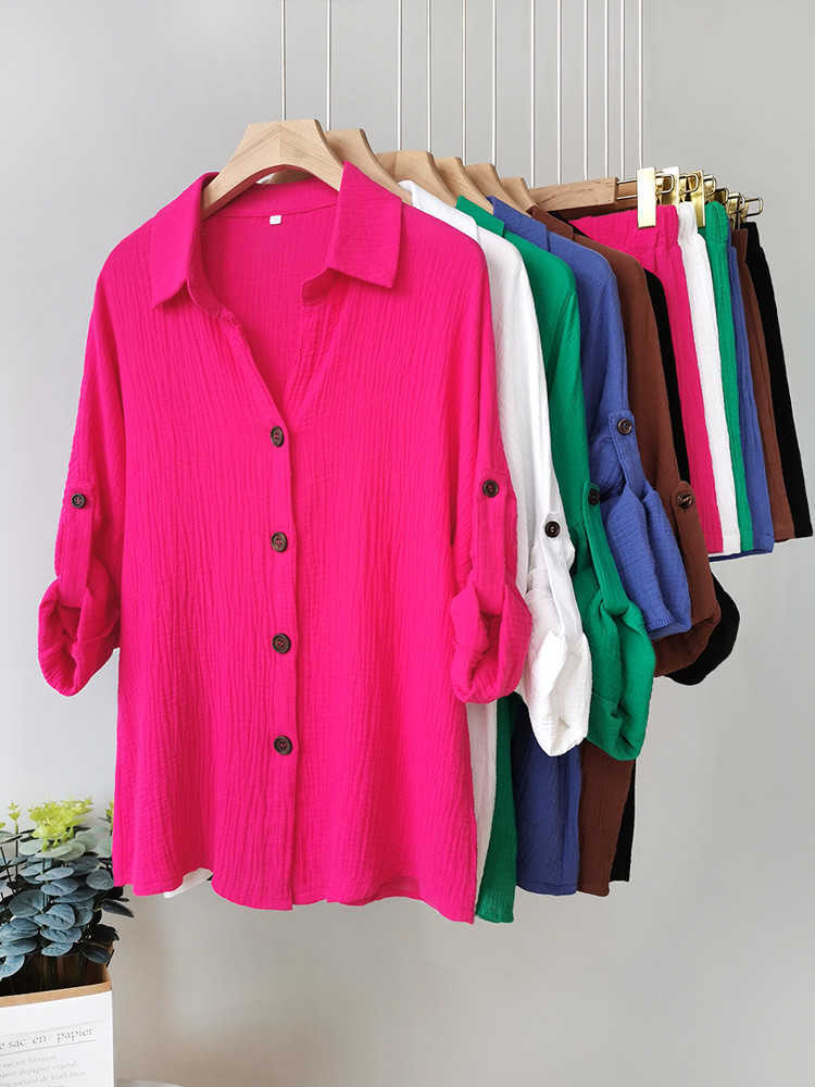 2023 Summer Casual Button Green Cotton Two Pieces Sets Women Long Sleeve Rose Red Women's Sets White Shirt Shorts Set Outfits