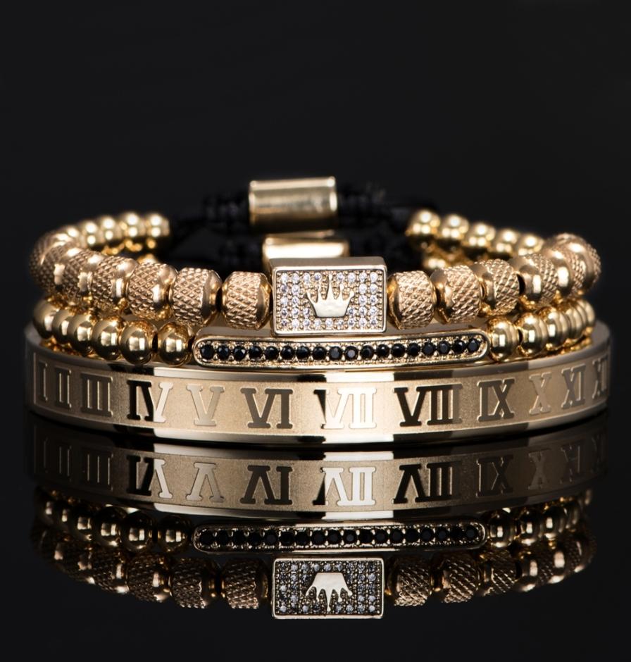 3pcsSet Luxury Gold Royal King Crown Men Bracelets Roman Numeral Bracelet Unique Design Braided Adjustable Bangle Pulseira