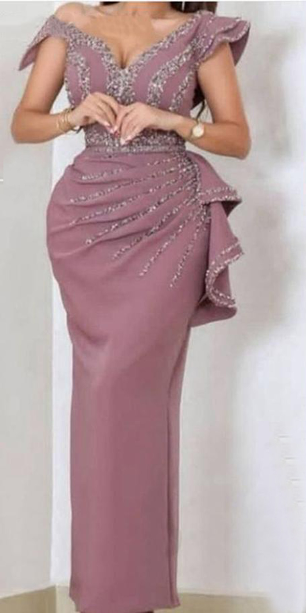 New Custom Evening Dresses Straight Formal Prom Party Gown V-Neck Ankle-Length Beaded Satin long Zipper Plus Size
