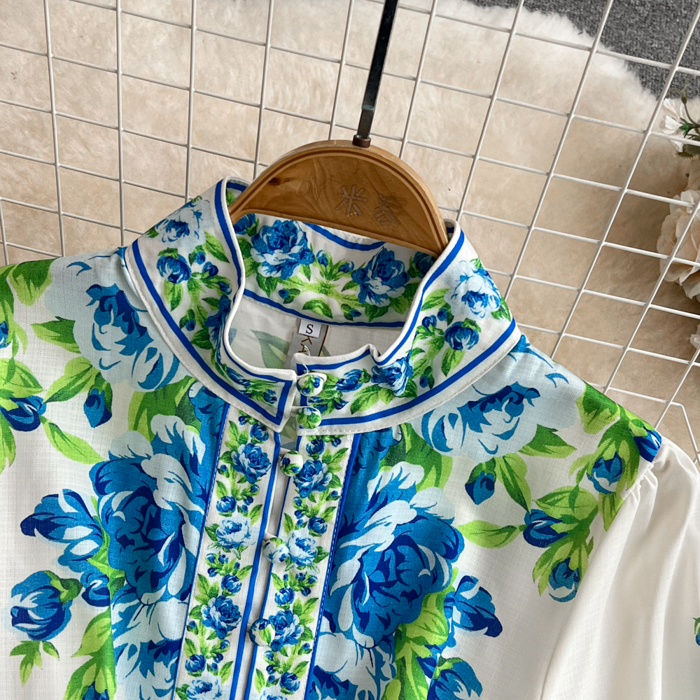 Women Casual Dresses Spring Summer 2025 Runway Fashion Wer Print Vintage Stand Neck Long Lantern Sleeve Belted Mini Dress