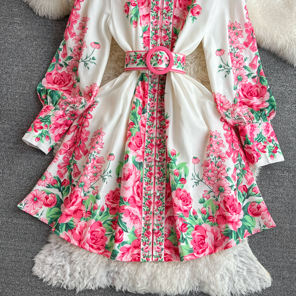 Women Casual Dresses Spring Summer 2025 Runway Fashion Wer Print Vintage Stand Neck Long Lantern Sleeve Belted Mini Dress