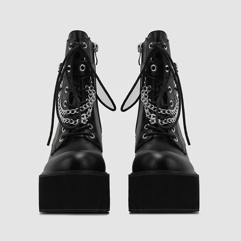 Boots Punk style boots platform black round toes bulky high heels women's leather chain lace shoelaces WSH4695 230404 4