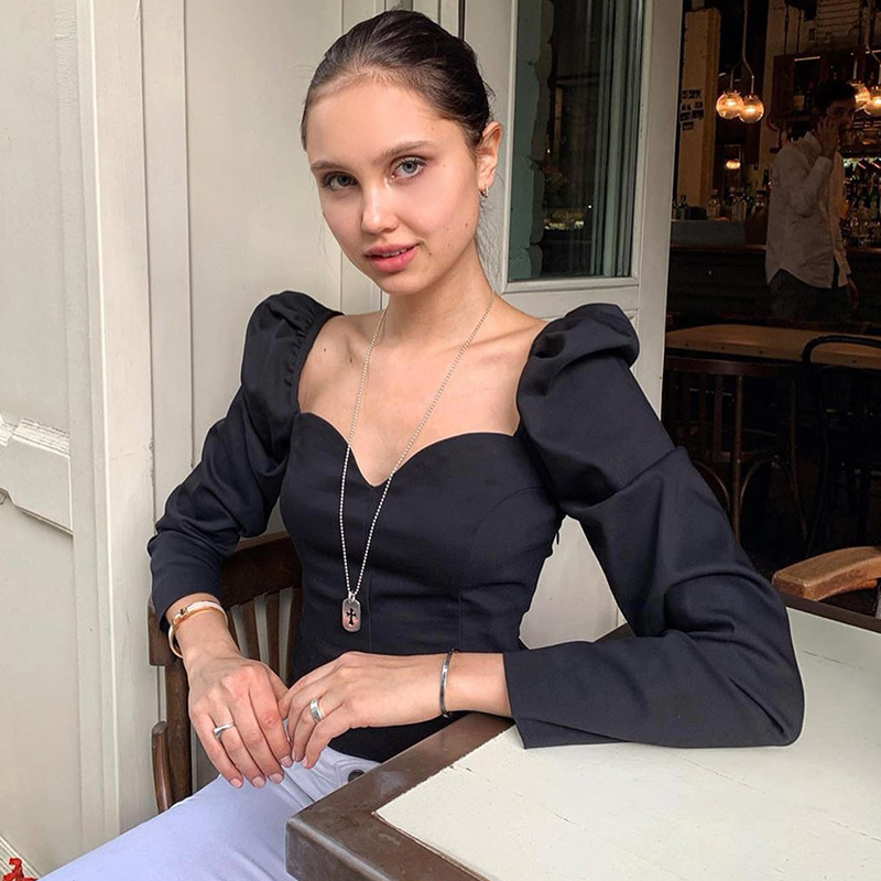 Womens Blouses Shirts Special Offer Korean autumn solid color vintage women shirts puff sleeve square sexy small Vneck Slim blouse 230404