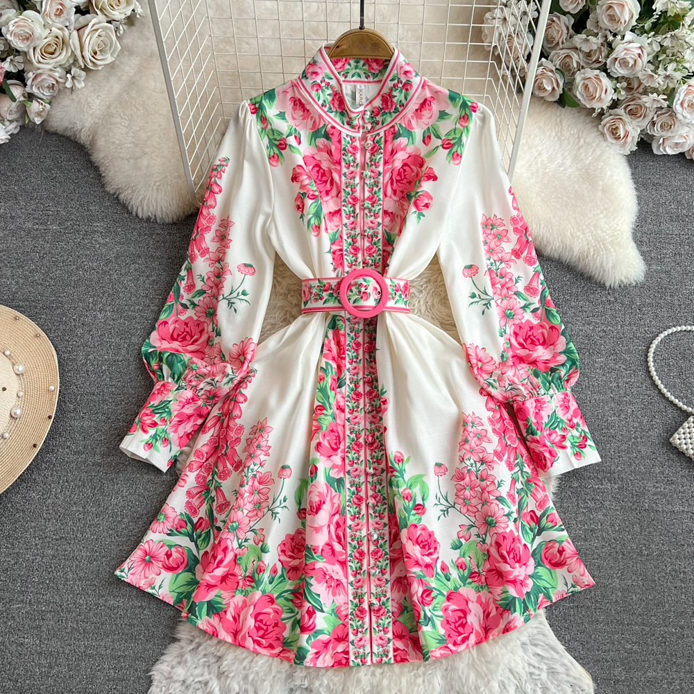 Women Casual Dresses Spring Summer 2025 Runway Fashion Wer Print Vintage Stand Neck Long Lantern Sleeve Belted Mini Dress