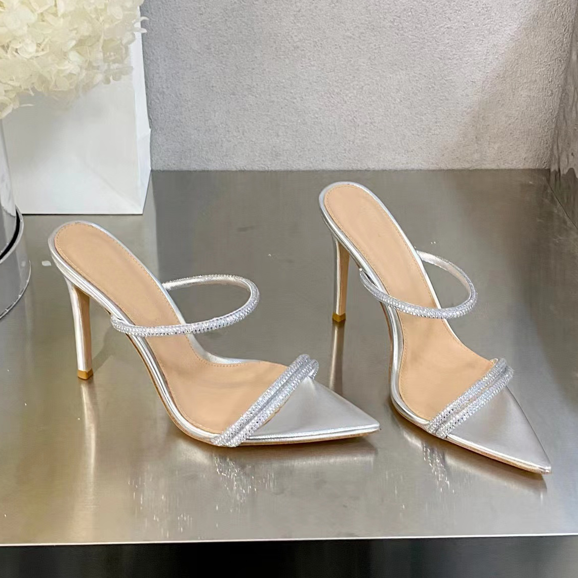 Gianvit Ross High Heel Slippers Designer Strap Sandals 10.5CM Women Crystal Decorative Party Banquet Shoes Summer Casual Pointed Open Toe Shoe, White
Gianvit Ross High Heel Slippers Designer Strap Sandals 10.5CM Women Crystal Decorative Party Banquet Shoes Summer Casual Pointed Open Toe Shoe, White