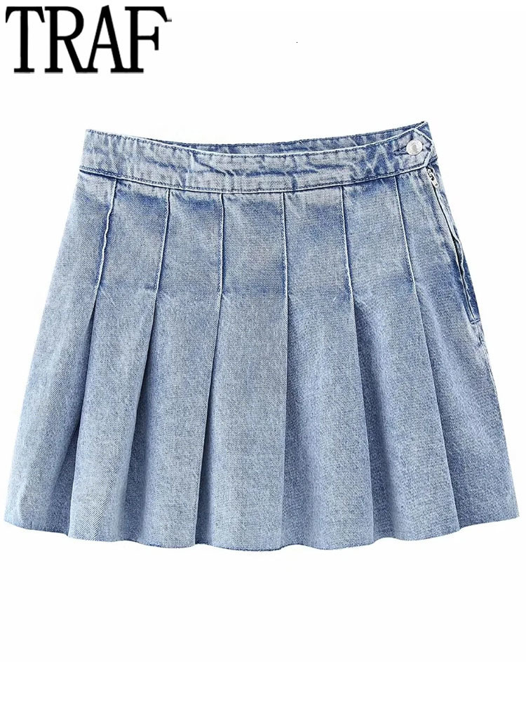 Skirts TRAF Pleated denim Mini Leather Pants Women's Blue Jeans Women's High Waist Sexy Short Skirt Y2k Street Fashion Faded Women's Sk