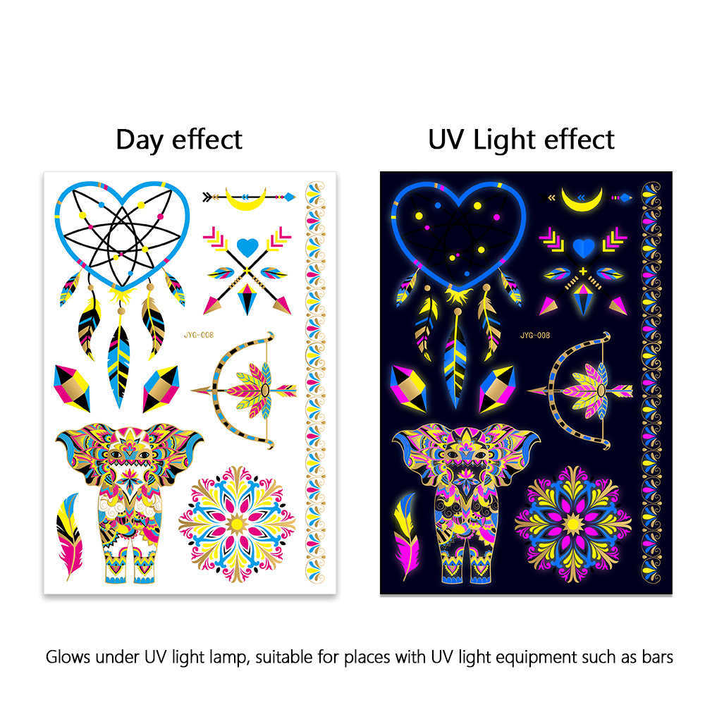 5 PC Temporary Tattoos Fluorescent Bronzing Waterproof Temporary Tattoos Feather Dreamcatcher Totem Party Fashion Arm Neon Tattoos Stickers Wholesale 