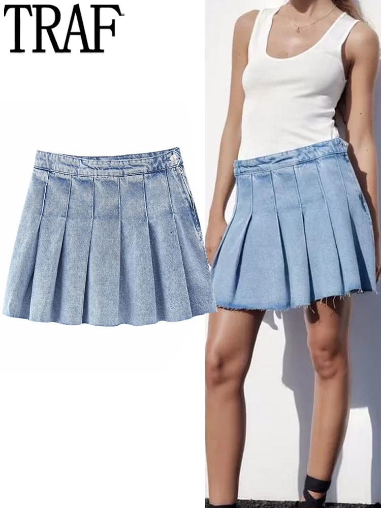 Skirts TRAF Pleated denim Mini Leather Pants Women's Blue Jeans Women's High Waist Sexy Short Skirt Y2k Street Fashion Faded Women's Sk
