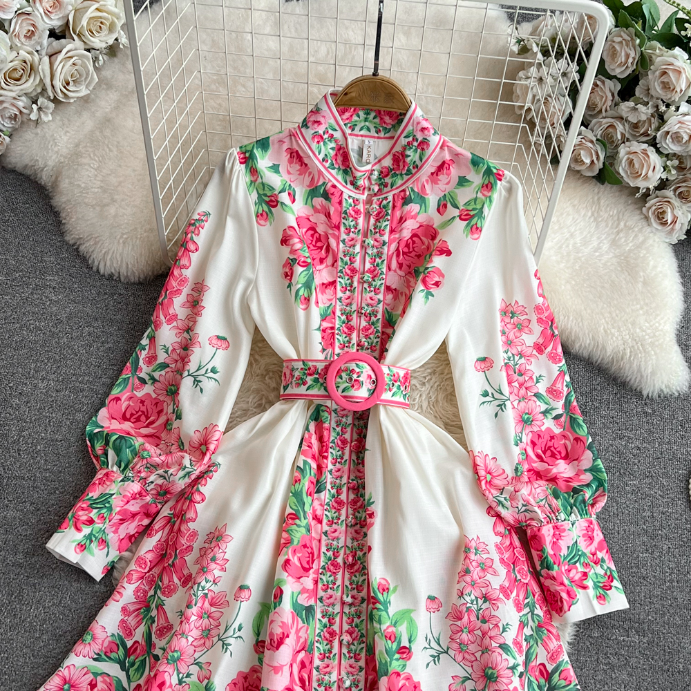 Women Casual Dresses Spring Summer 2025 Runway Fashion Wer Print Vintage Stand Neck Long Lantern Sleeve Belted Mini Dress