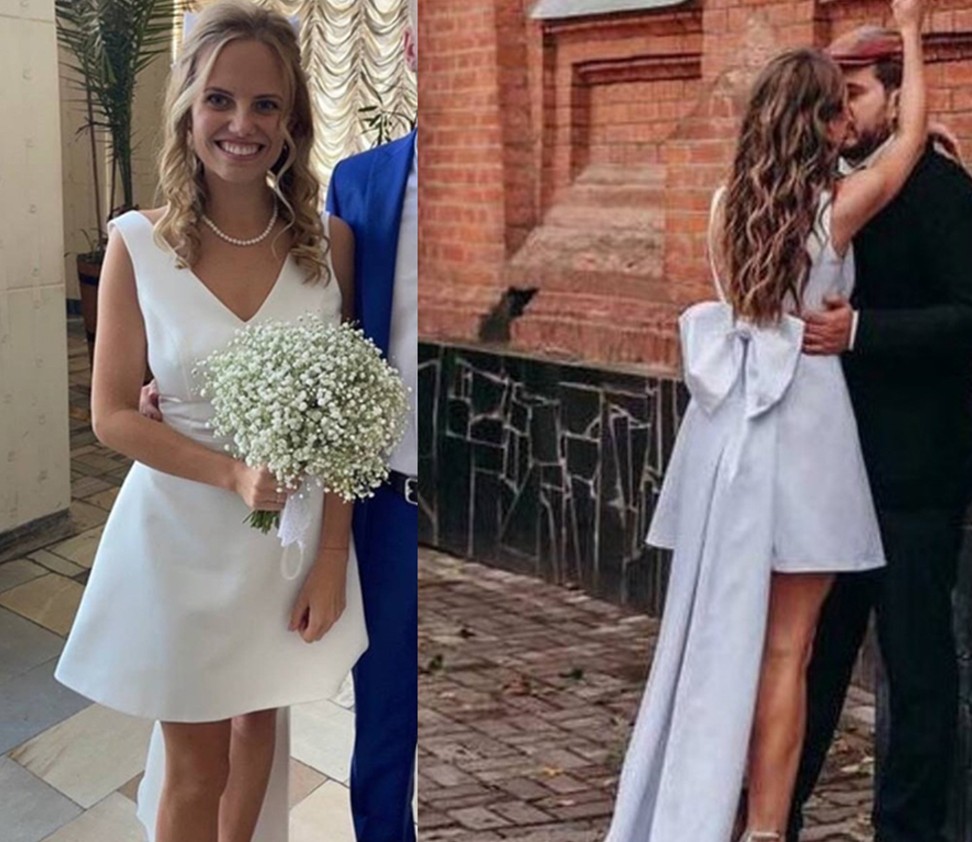 Satin Short Wedding Dress 2023 With Detachable Bow Train Backless V-Neck Above Knee Mini Bridal Gowns Bride Dresses Vestido de Noiva