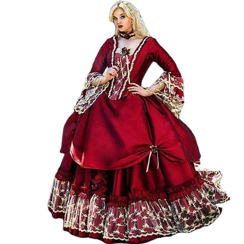 Vintage Medieval Burgundy Prom Dresses Floor Length Flare Square Neck Long Sleeves Masquerade Gowns For Women Girls Plus Size Ball Gown Evening Wear