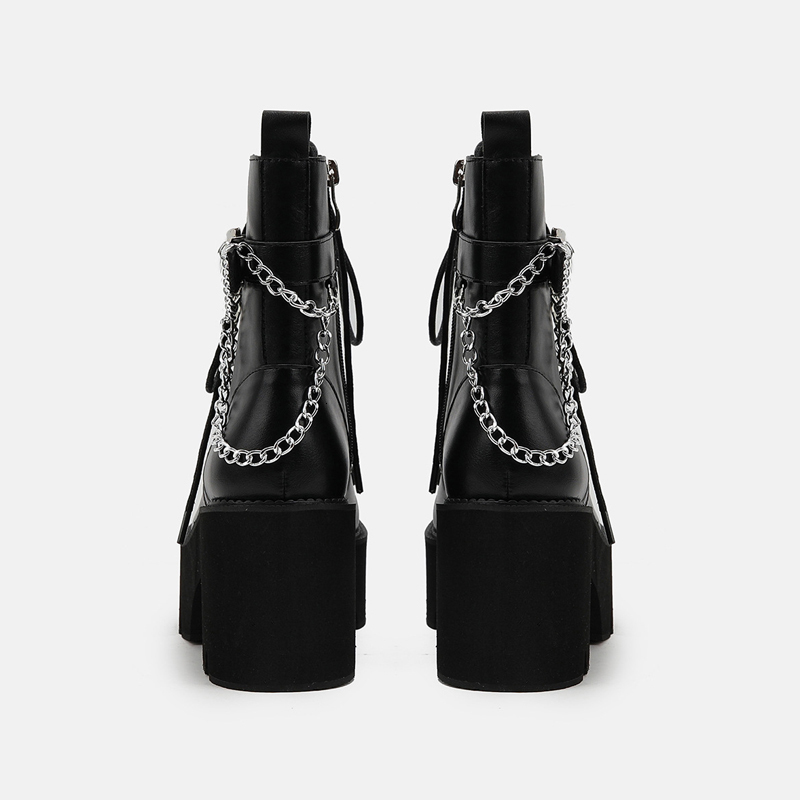Boots Punk style boots platform black round toes bulky high heels women's leather chain lace shoelaces WSH4695 230404 4