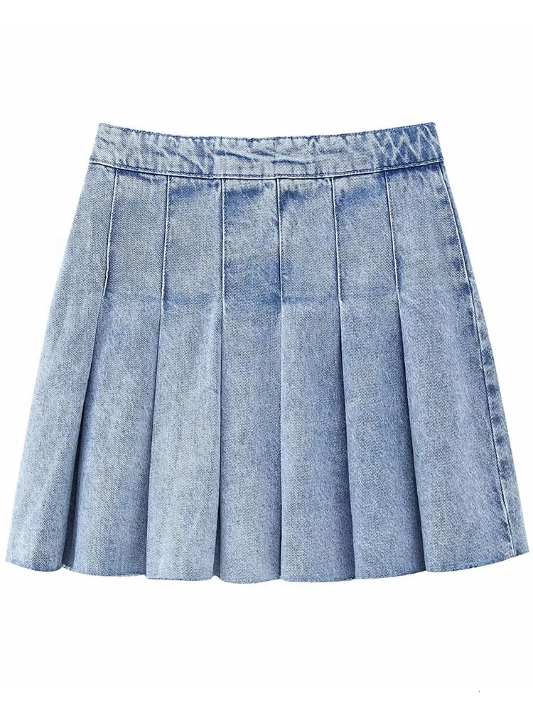 Skirts TRAF Pleated denim Mini Leather Pants Women's Blue Jeans Women's High Waist Sexy Short Skirt Y2k Street Fashion Faded Women's Sk