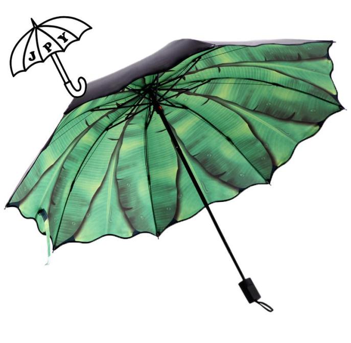 Umbrellas Forest Banana Tree Rain Umbrella Green LeBlack Coating Sun Parasol Fresh 3 Folding Female Dualuse Sunscreen