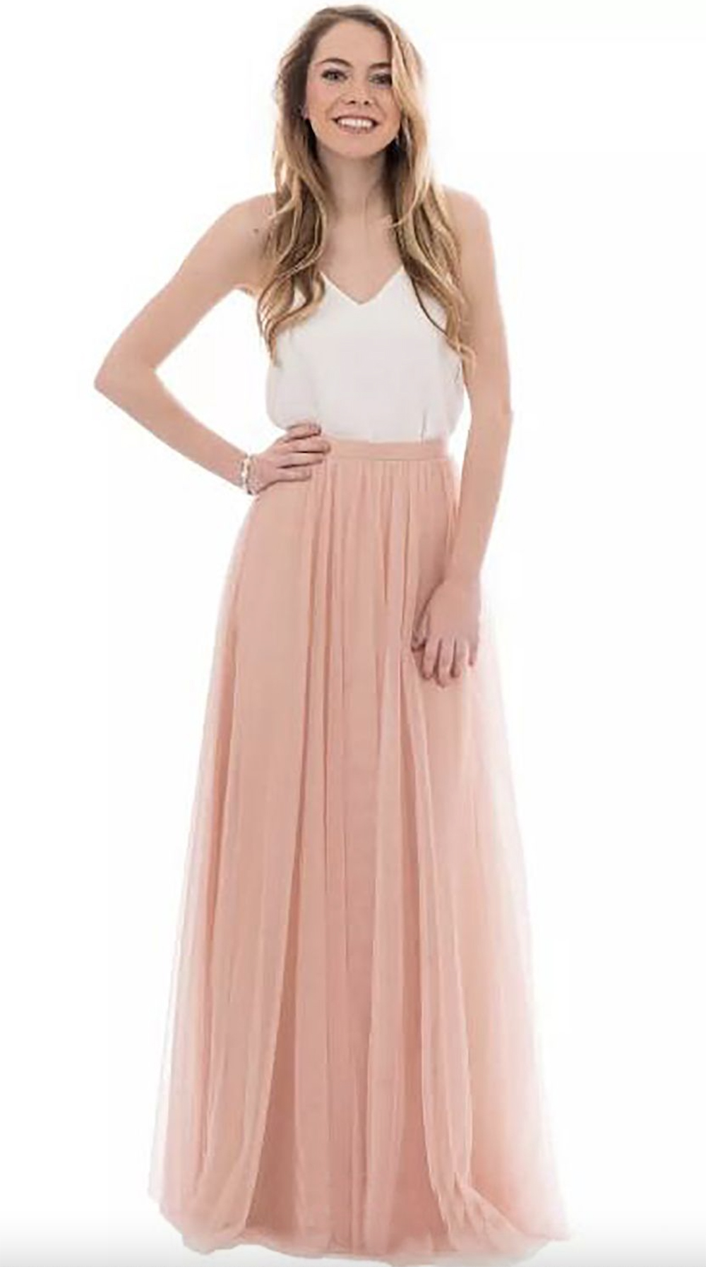 2023 Blush Pink Tulle Two Piece Bridesmaid Dresses Long Cheap White V-Neck Ruched Floor Length Boho Maid Of Honor Gowns