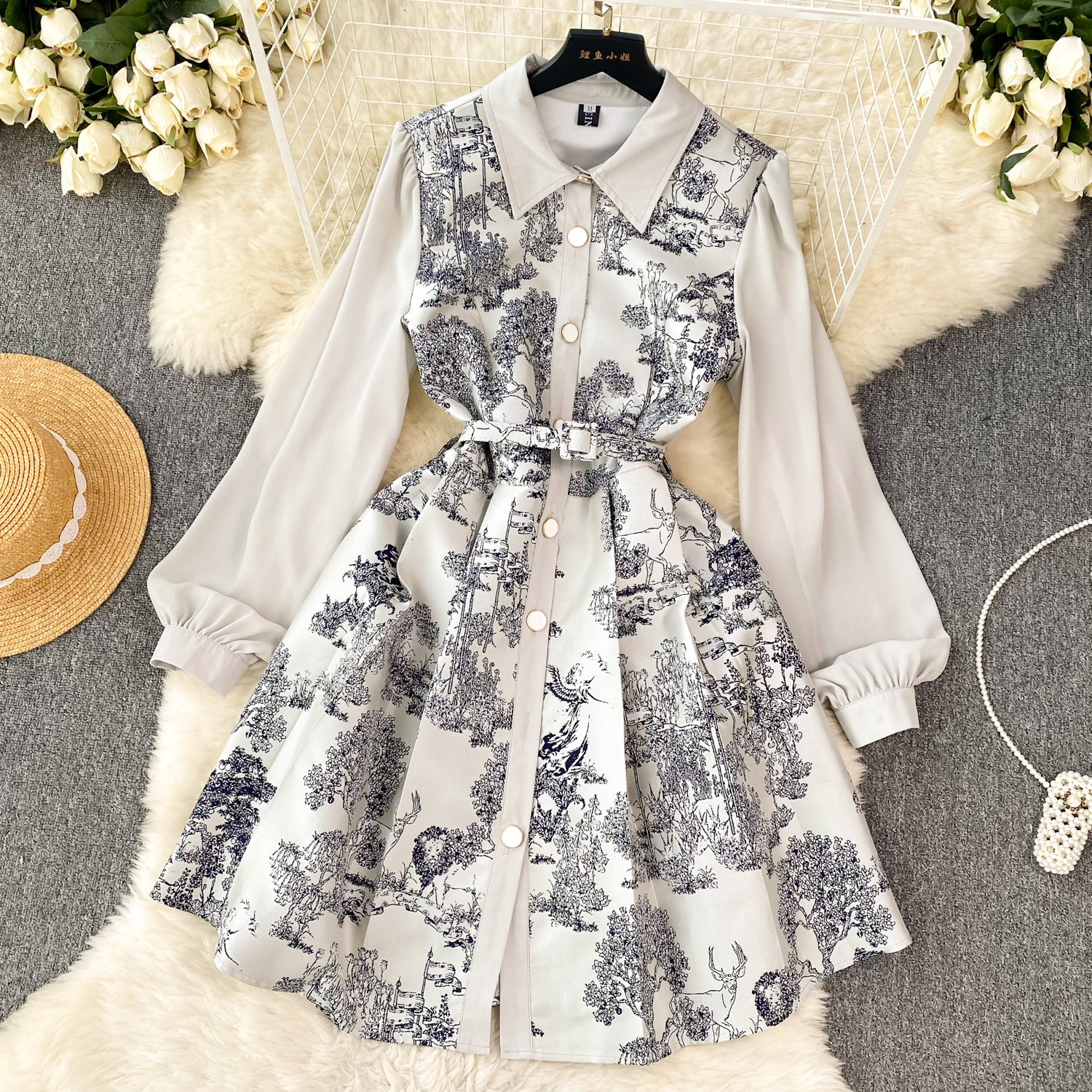 Basic Casual Women Dresses Runway Designer Jungle Jacquard Mini Dress Women's Turn Down Neck Mesh Sleeve Single Breasted Belt Vintage Party Vesti