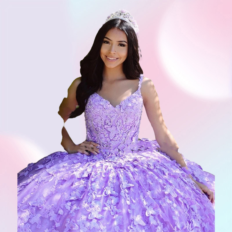 Light Purple vestido de 15 anos Quinceanera Dresses Butterfly Applique Sweet 16 Quince XV Prom Gowns