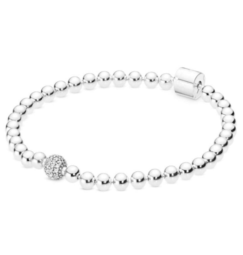 Genuine 925 Sterling Silver Smooth Beads & Pave Crystal Ball Bracelet Fit Bead Charm Diy Fashion Jewelry