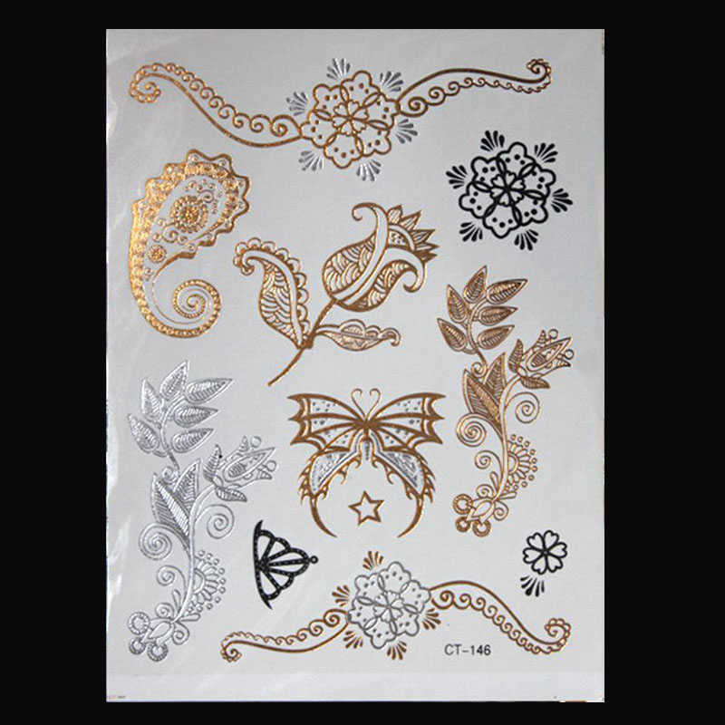 5 PC Temporary Tattoos Hot Flash Metallic Waterproof Temporary Tattoo Gold Silver Tatoo Women Henna Flower Taty Design Tattoo Sticker Z0403