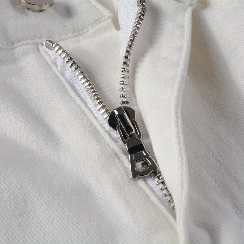 Fashion casual straight zipper fly washed white slim fit elastic hole patch jean men