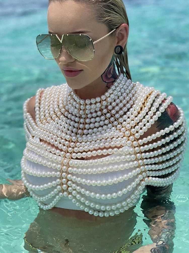 Fashion Pearl Shawl Tops Women O-neck Handmade Beading Shawl Top Ladies Party Female Elegant Shawl Tops