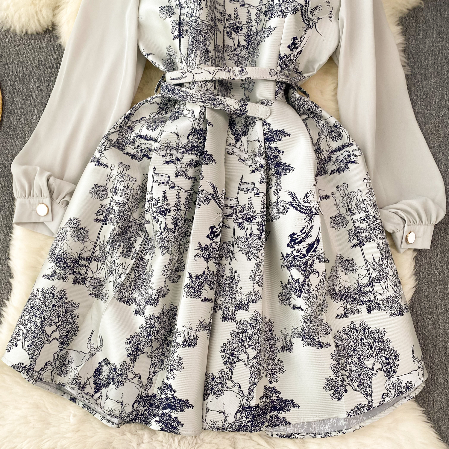 Basic Casual Women Dresses Runway Designer Jungle Jacquard Mini Dress Women's Turn Down Neck Mesh Sleeve Single Breasted Belt Vintage Party Vesti
