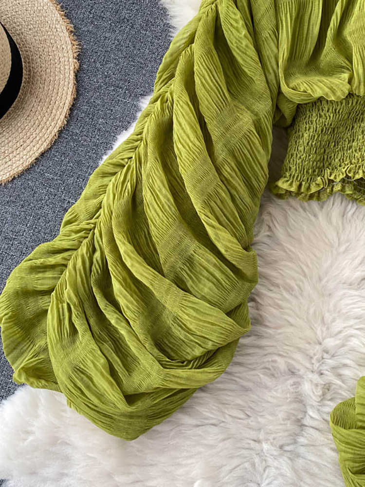 Summer Sexy Draped Chiffon Blouse For Women Elegant V-Neck Puff Long Sleeve Short Tops Female Slim Party Shirts 2023 New Fashion