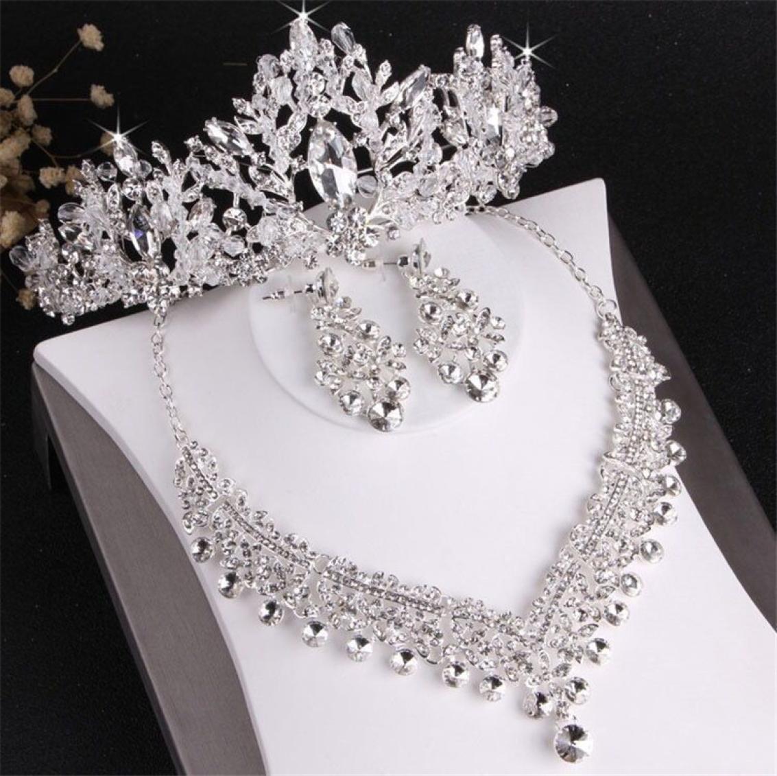 Bride wedding crown necklace earrings threepiece set designer white crystal jewelry set handmade fine craft headpieces