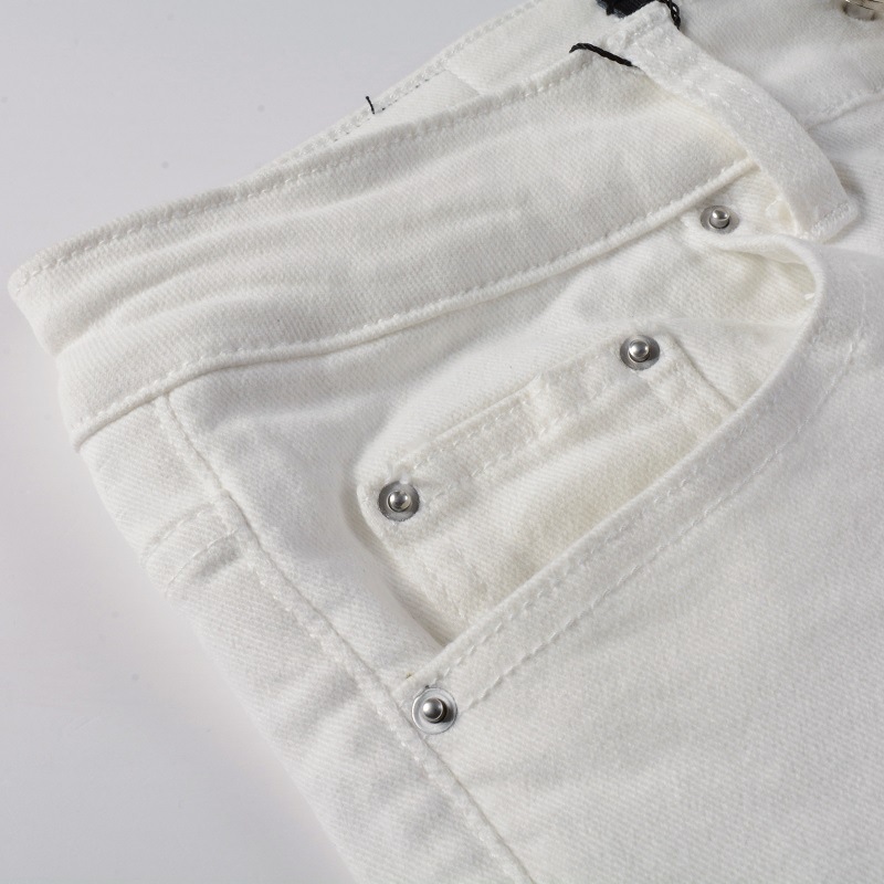 Fashion casual straight zipper fly washed white slim fit elastic hole patch jean men
