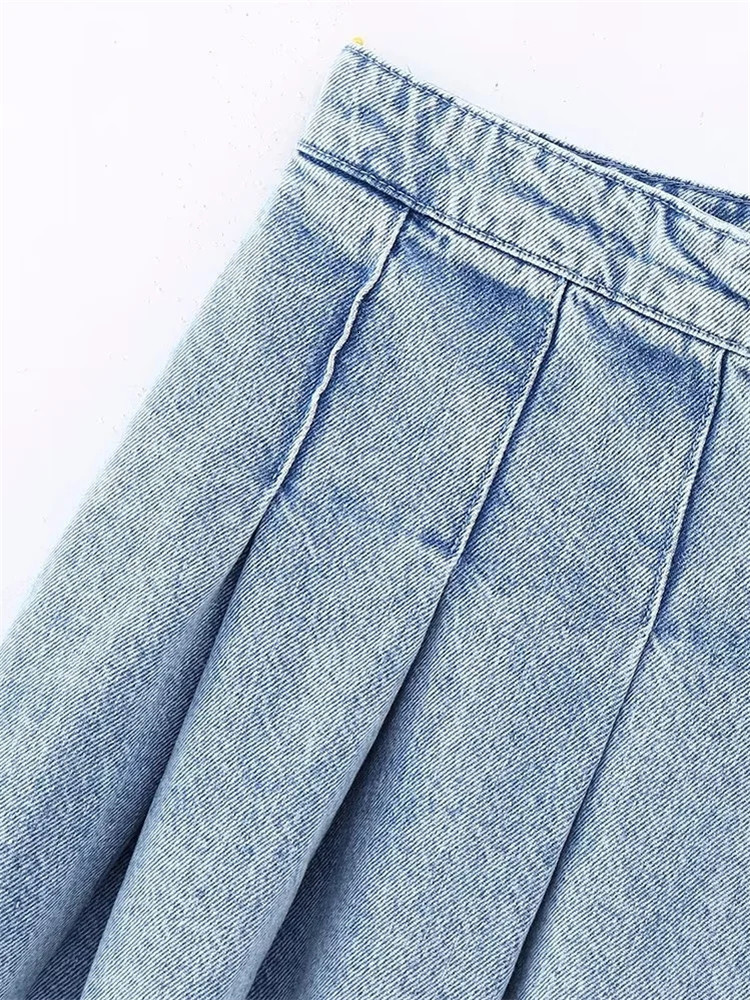 Skirts TRAF Pleated denim Mini Leather Pants Women's Blue Jeans Women's High Waist Sexy Short Skirt Y2k Street Fashion Faded Women's Sk