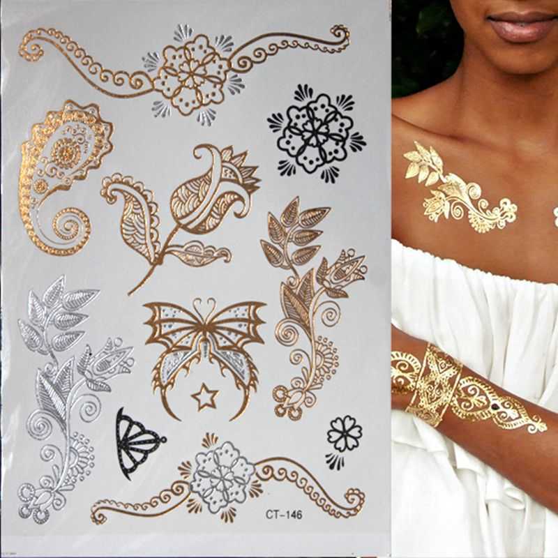5 PC Temporary Tattoos Hot Flash Metallic Waterproof Temporary Tattoo Gold Silver Tatoo Women Henna Flower Taty Design Tattoo Sticker Z0403