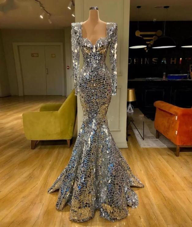 Sparkly Sequin Silver Mermaid Prom Dresses Long Sleeve Arabic Evening Dress Dubai Long Elegant Women Formal Cocktail Party Gala Go