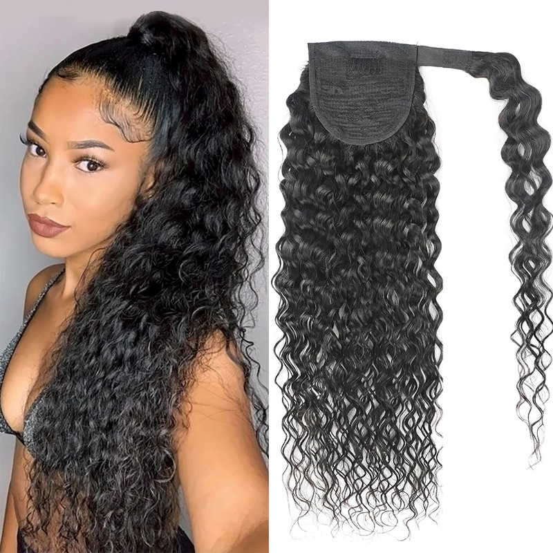 Brazilian Deep wave Human ponytail Wrap Around Pony Tail Clip In Hair Extensions Drawstring Ponytails Hairpiece For Black Women 120g jet black color 1