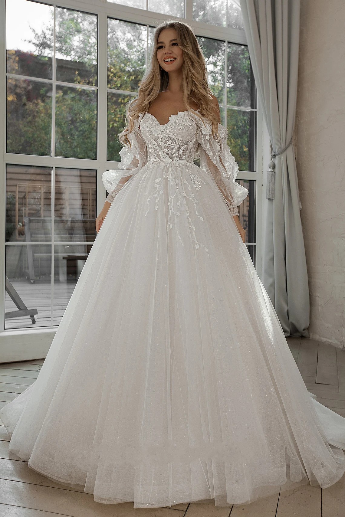 New Arrival Glitter Wedding Dress 2023 Removable Puffy Long Sleeve Flowers Appliques Lace Tulle Bohemian Bridal Gowns Vestido de Noiva
