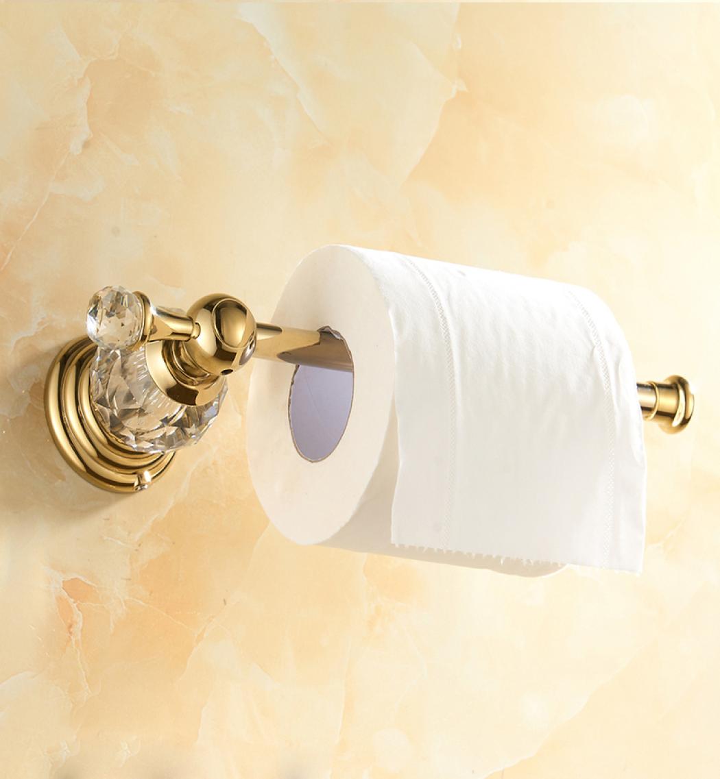 Gold Polished Toilet Paper Holder Solid Brass Bathroom Roll Accessory Wall Mount Crystal Tissue Y200108