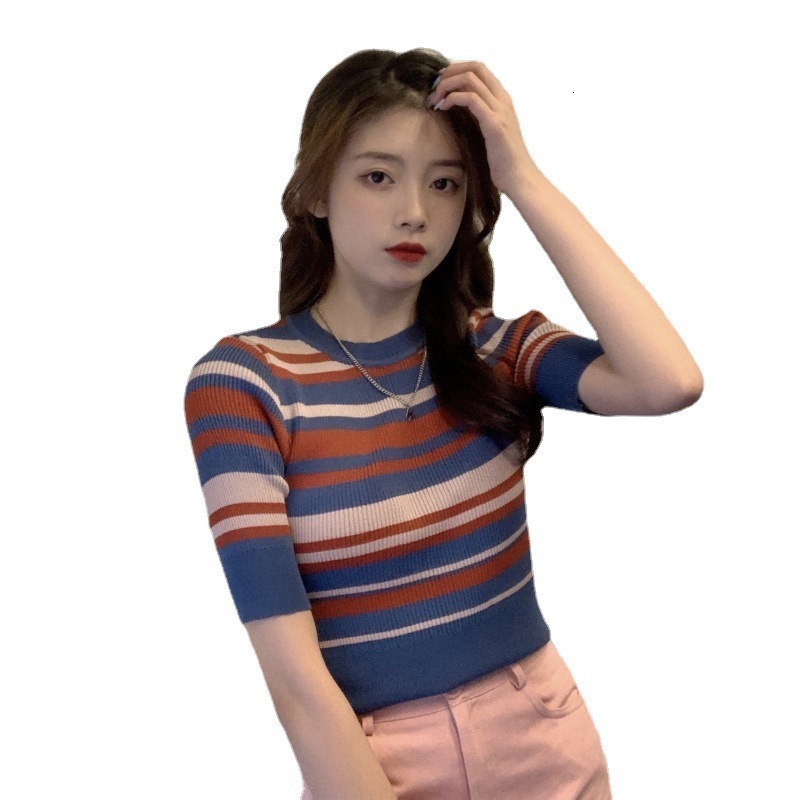 Women's Sweaters New Striped Short Sleeve Knitwear Thin Women's Summer 2023 New Korean Fit Versatile Pullover Bottom Top 210422