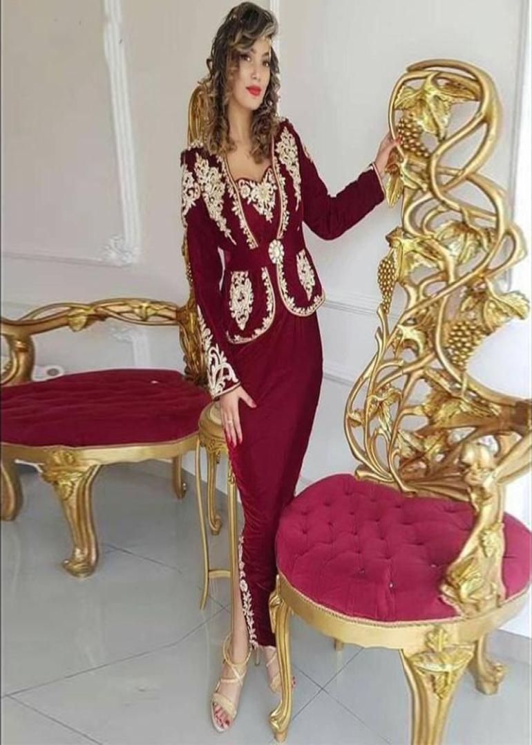 Karakou algerien Burgundy Evening Dresses with Peplum Long Sleeve Gold Applique Sexy slit Anklelength Occasion Prom Gown