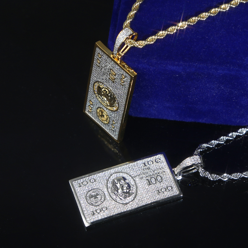 Full Paved Bling Cz 100 Dollars Pendants Necklace Hip Hop Woman Men Iced Out Jewelry Fashion Cool Accessories