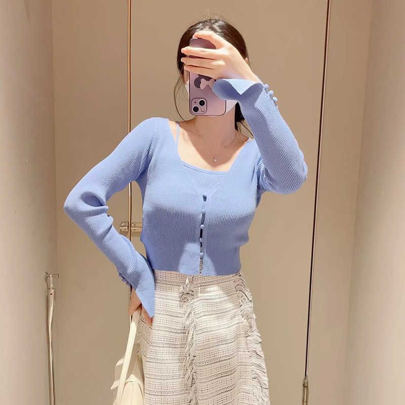 Kuzuwata Japanese Solid Color Slim V Neck Cardigan Vests Two-piece Suits 2023 Early Spring Sweet Outerwear Long Sleeve Top Women