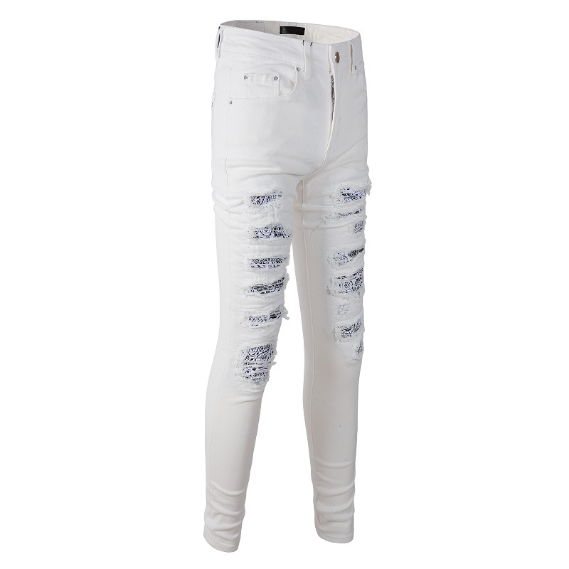 Fashion casual straight zipper fly washed white slim fit elastic hole patch jean men