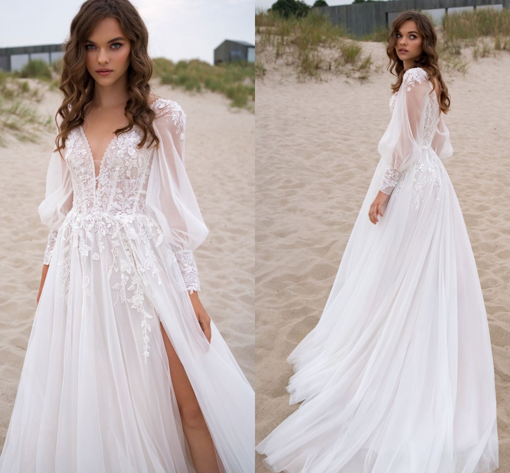 Long Puff Sleeves Boho Wedding Dress 2023 Tulle V-Neck High Split Appliques Women Bride Gowns Custom Made Civil Robe De Mariee Vestido de Noiva
