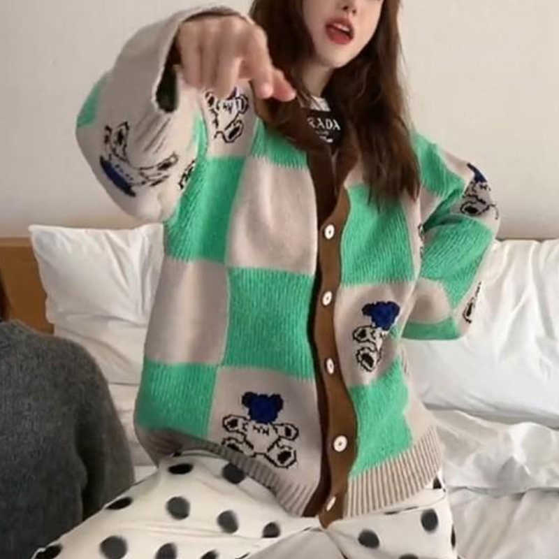 New Bear Print Cardigan Women Korean Style Kawaii Plaid Sweater Knitted Jumper Fashion Polo Collar Coat Autumn Spring Female Tops