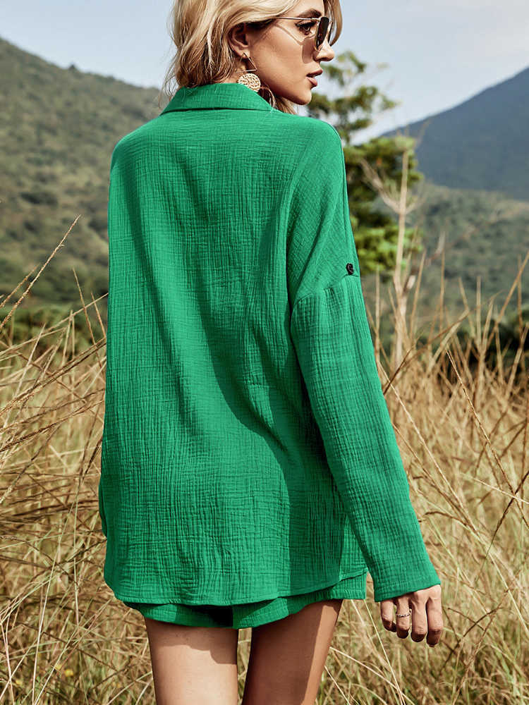 2023 Summer Casual Button Green Cotton Two Pieces Sets Women Long Sleeve Rose Red Women's Sets White Shirt Shorts Set Outfits