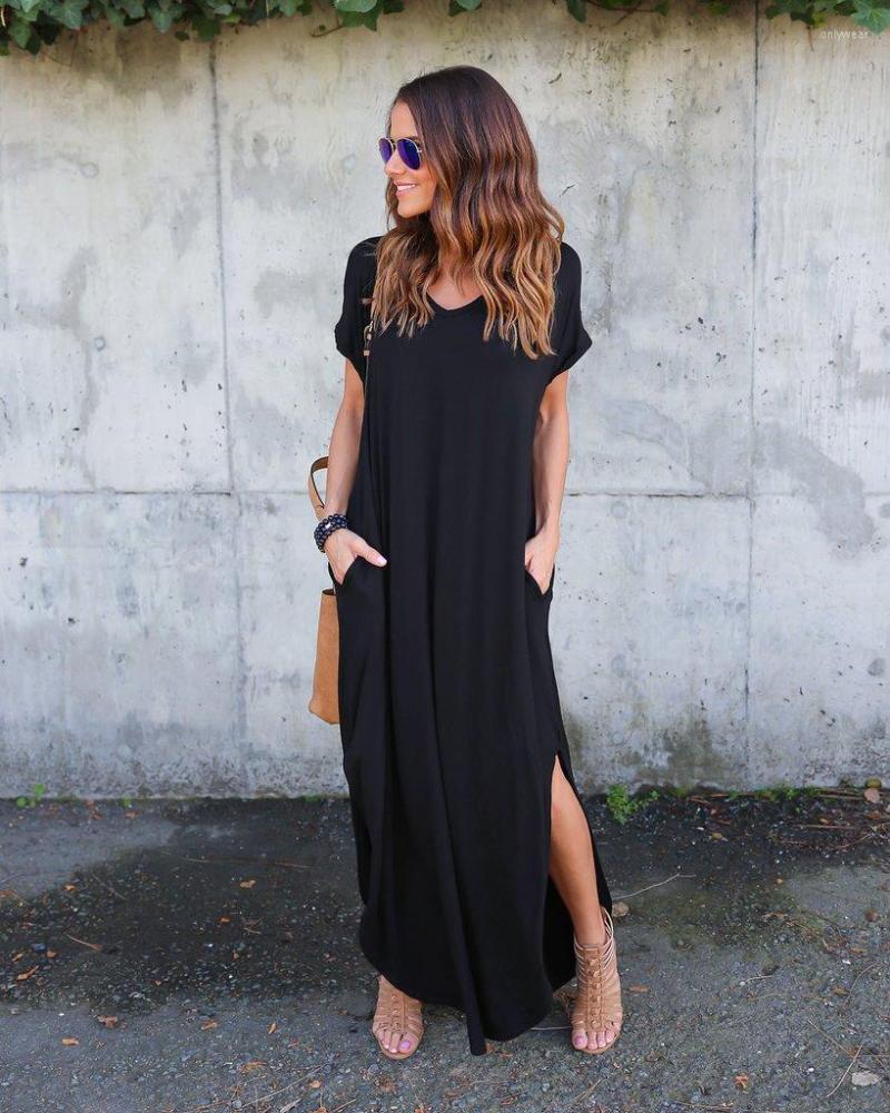 Casual Dresses 5XL Women Summer Solid Short Sleeve Maxi Y2k Dress Long Loose Beach Sundress T Shirt Lady