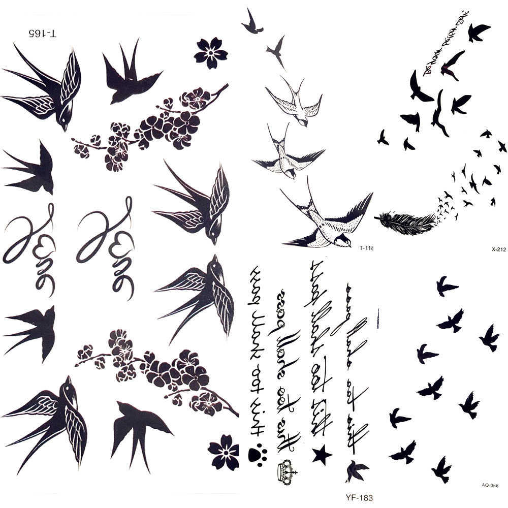 5 PC Temporary Tattoos Cute Swallow Bird Feather Temporary Stickers Flower Branch Letter Water Transfer Tattoo Women Body Chest Arm Art Tattoo Men Han