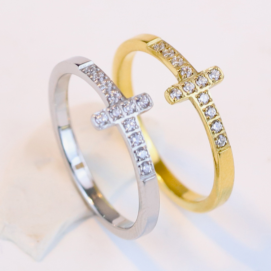 New in Titanium Stainless Steel Cross Finger Ring for Women Ins Cute Bling CZ Stone Cubic Zirconia Silver Gold Color Rings Birthday Gifts Wholesale Je