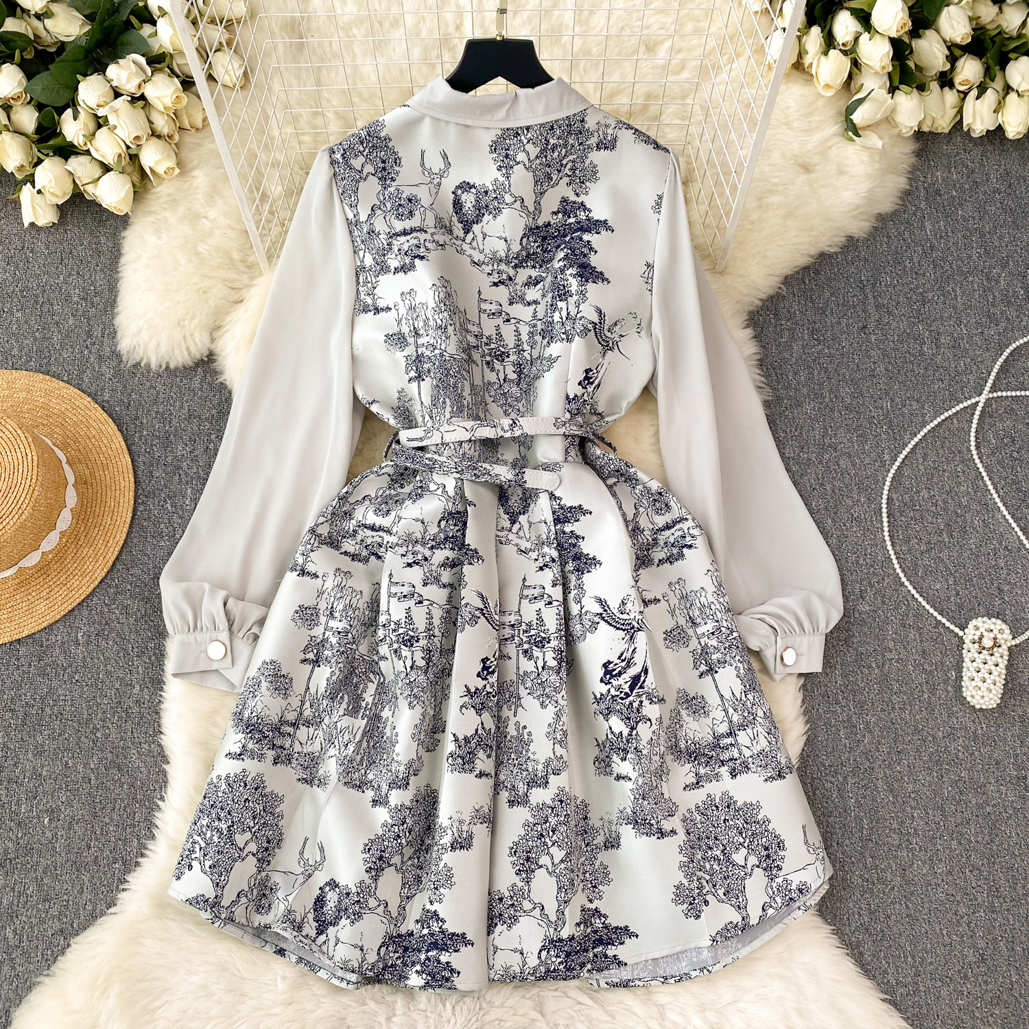 Basic Casual Women Dresses Runway Designer Jungle Jacquard Mini Dress Women's Turn Down Neck Mesh Sleeve Single Breasted Belt Vintage Party Vesti