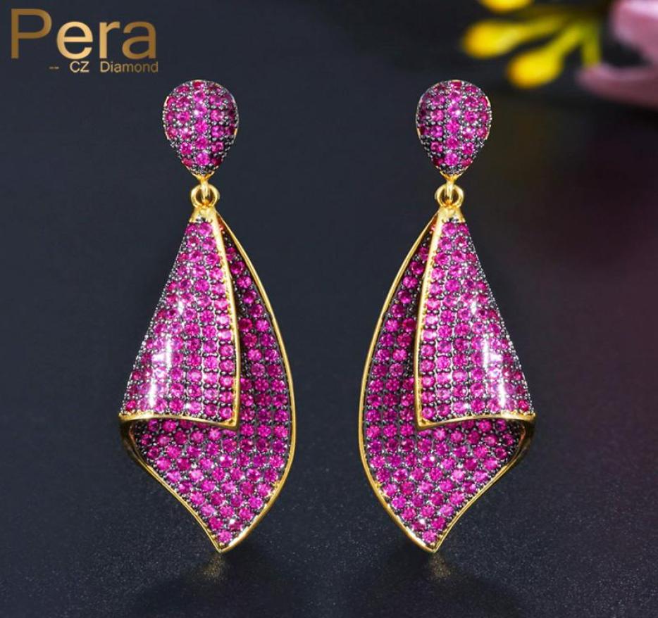 Pera Luxury Quality Rose Red CZ Zircon Elegant Conch Shape Dubai Gold Drop Earrings For Women Wedding Party 925 Jewlery E545 Dangl