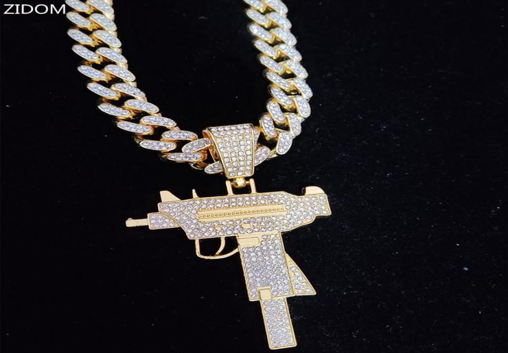 Pendant Necklaces Men Women Hip Hop Iced Out Bling UZI Gun Necklace With 13mm Miami Cuban Chain HipHop Fashion Charm Jewelry