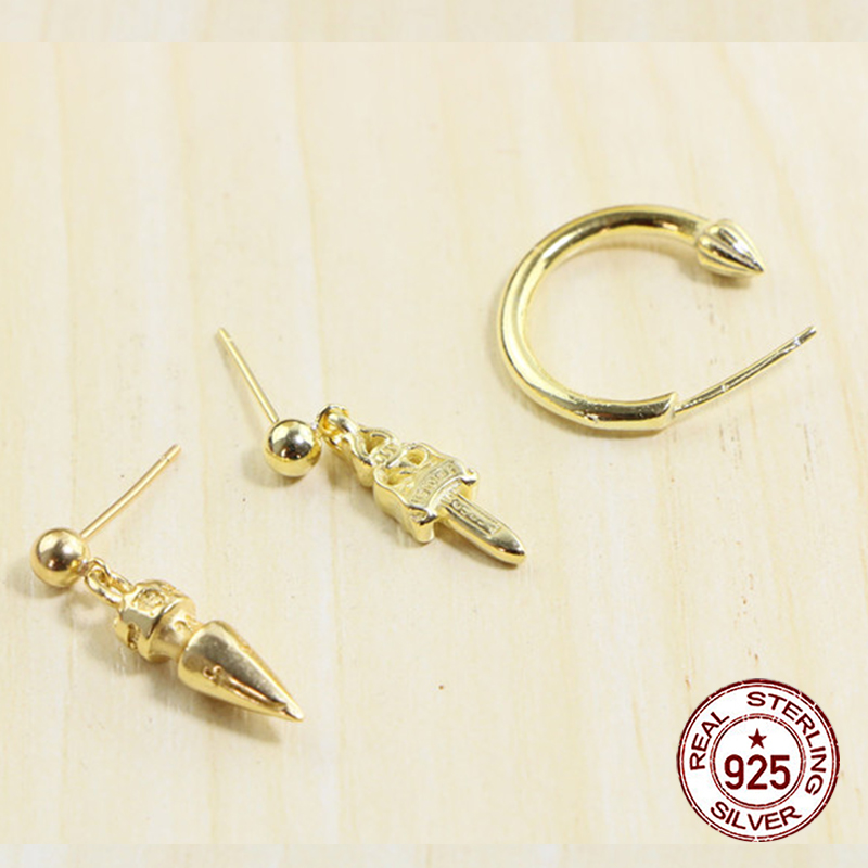 E35 S925 Pure Silver Ear Studs Personalized Fashion Gold Plated Cross Flower Letter Punk Street Dance Style Earrings Jewelry Earrings as a Gift for Lo